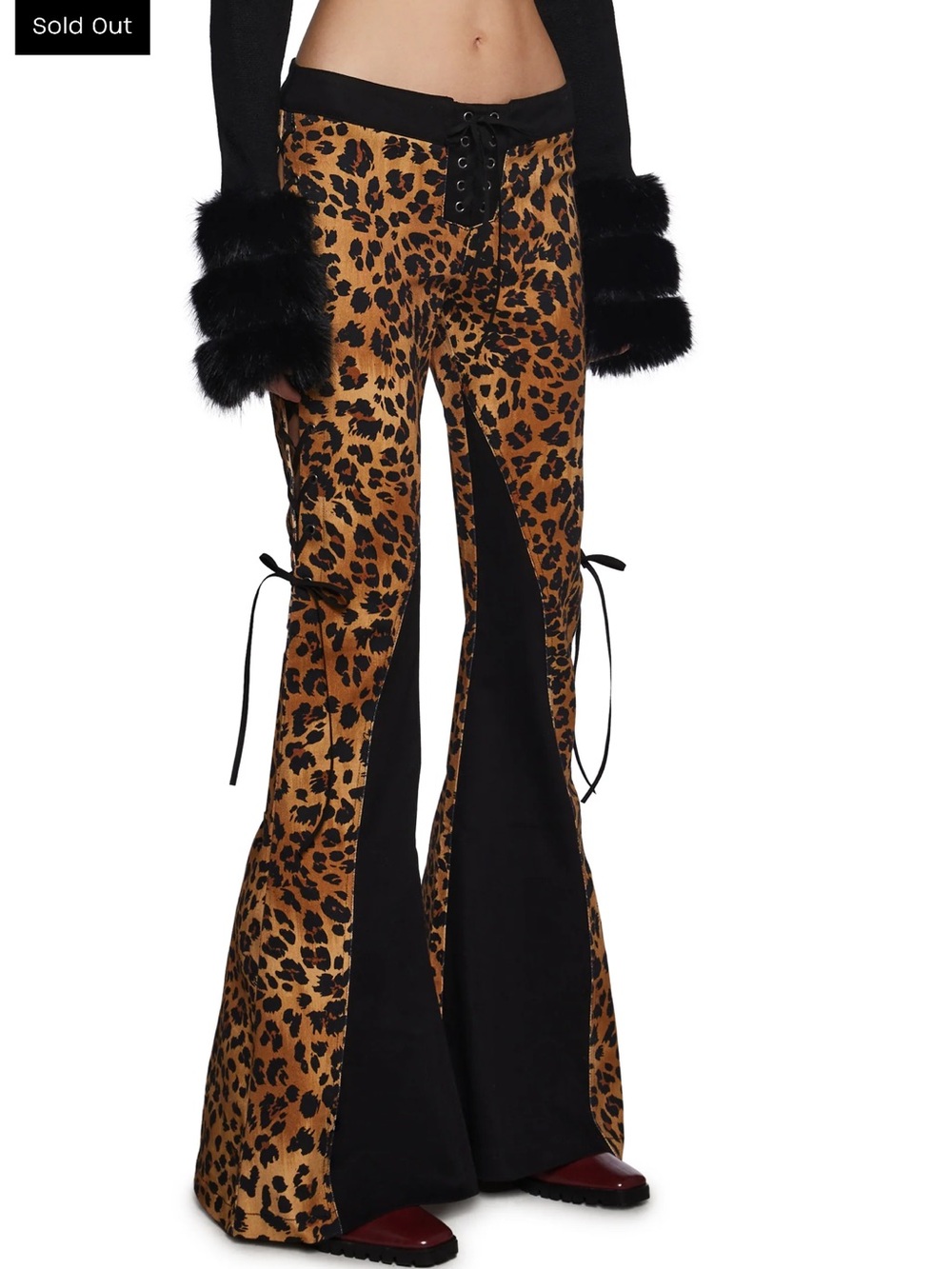 Dolls Kill Leopard Lace-Up Flare Pants - Black & Brown - Picture 4 of 10